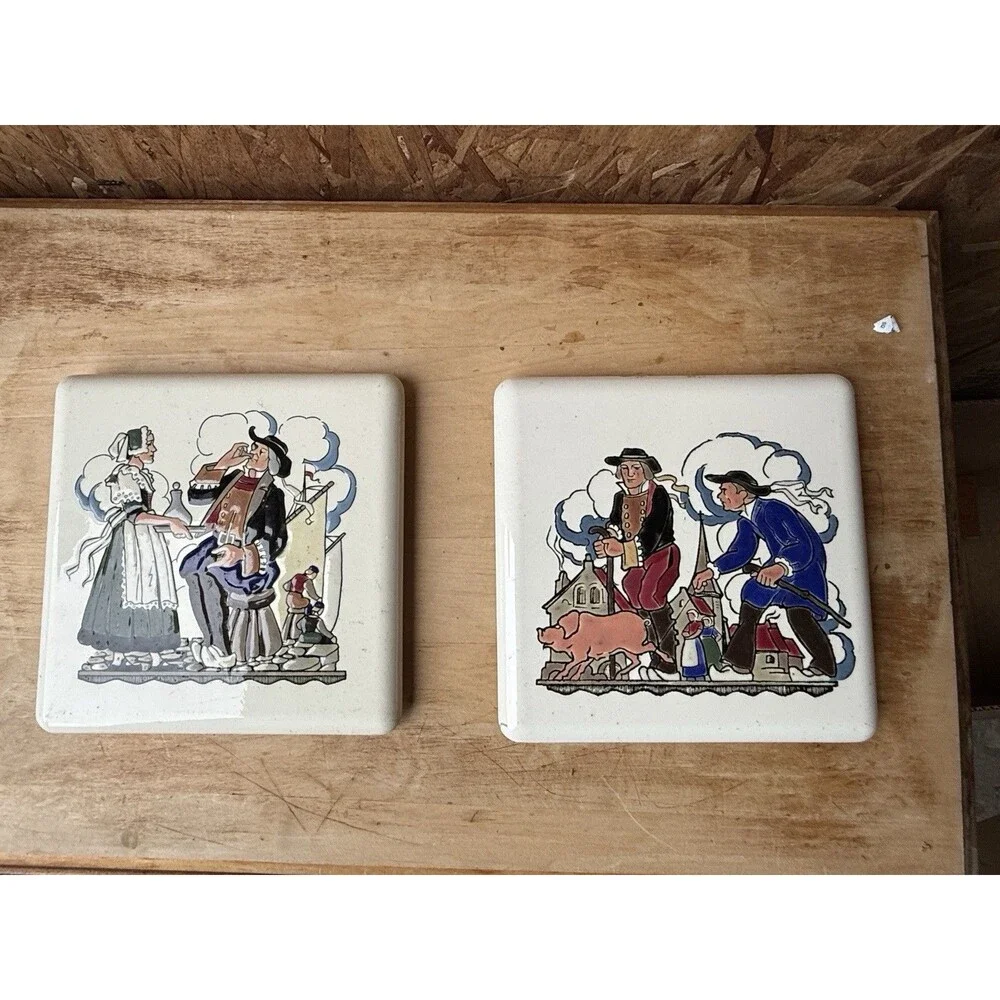 Vintage Hand Painted Flemish Gilmore Belgium Ceramic Tile Trivets Set